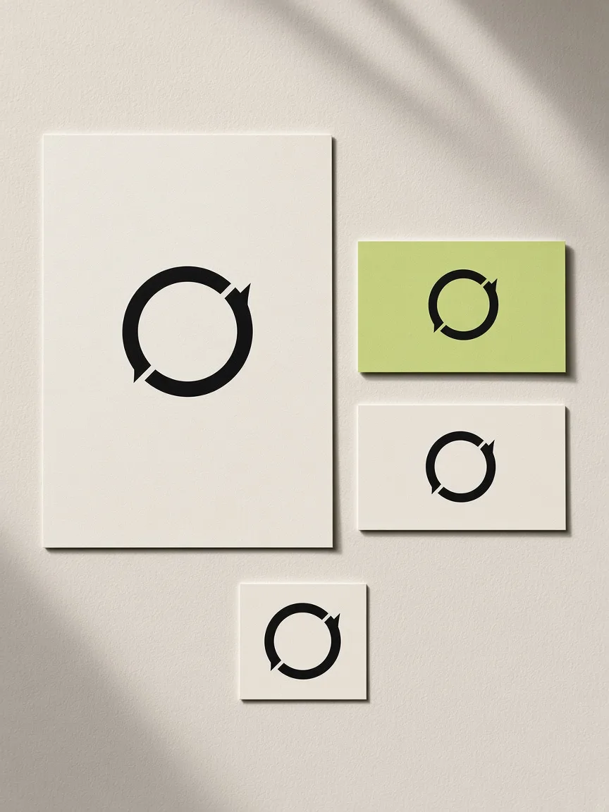 Stationery with the Onacode symbol on light paper and a lime green card